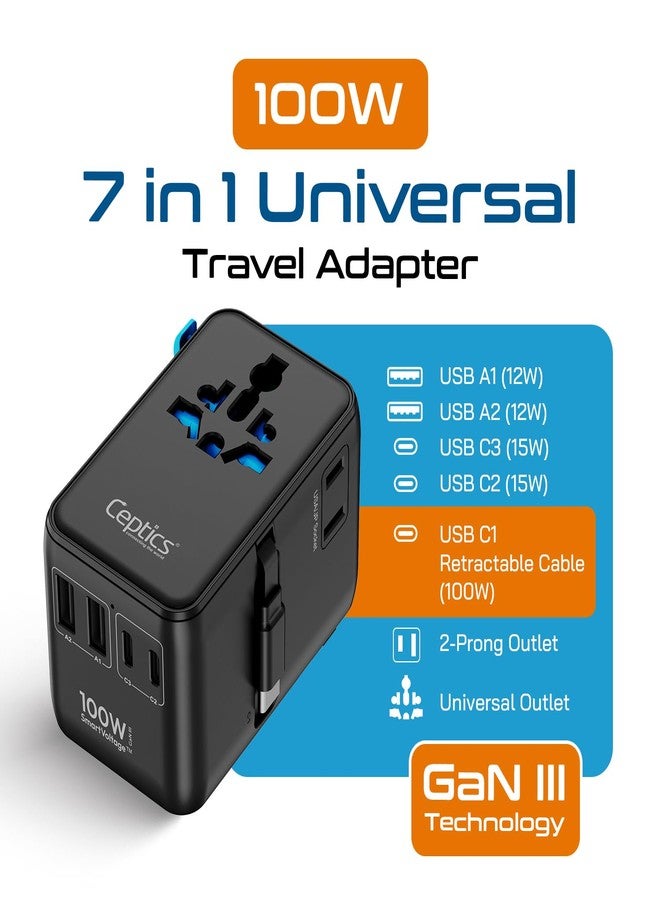 سبتكس محول سفر عالمي 7 في 1 من سيبتس مع كابل USB-C قابل للسحب بقوة 100 واط، مدخل عالمي ومقبس ياباني، منفذان من النوع A وC، لأجهزة الكمبيوتر المحمولة/ماك بوك - توافق عالمي، ضمان 5 سنوات، أسود - Image 2